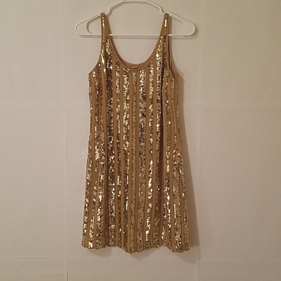 Gold Metallic Sequin and Silk Above Knee Shift Dress Party Dance Prom Sz 2 EUC - Picture 4 of 14